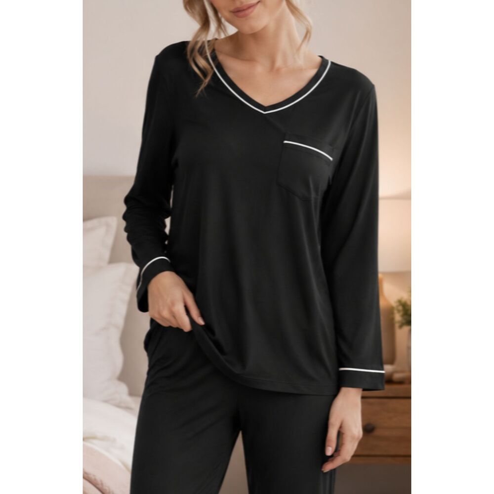 Women’s Black Cotton Sleep Pajama Shirt Small Oversized V Neck Long Sleeve
